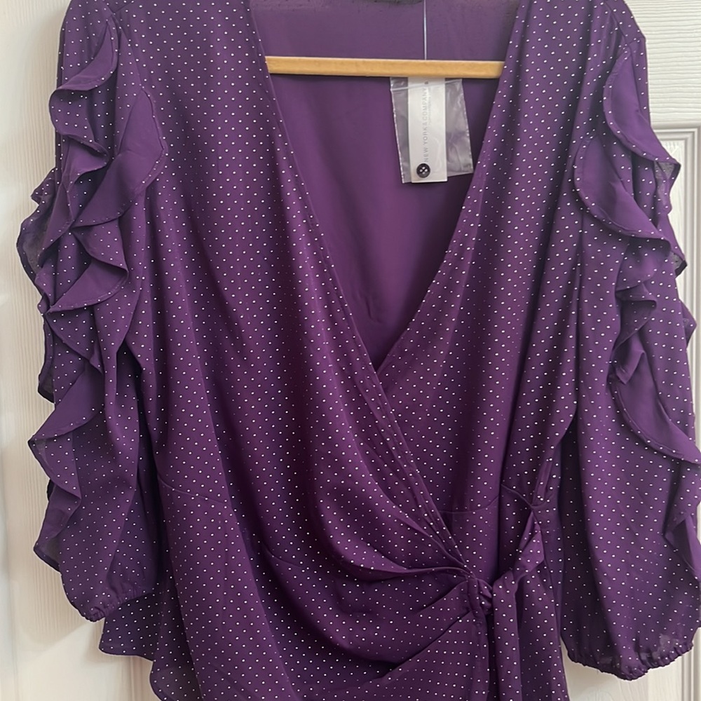 NWT Never worn New York & Company purple cross over blouse with sliver dots